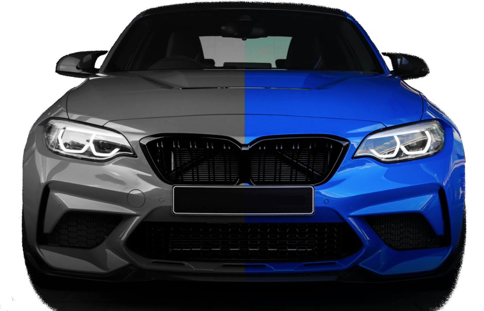 наполовину покрашенная машина bmw, машина наполовину синяя, наполовину серая, бмв в анфас, капот машины